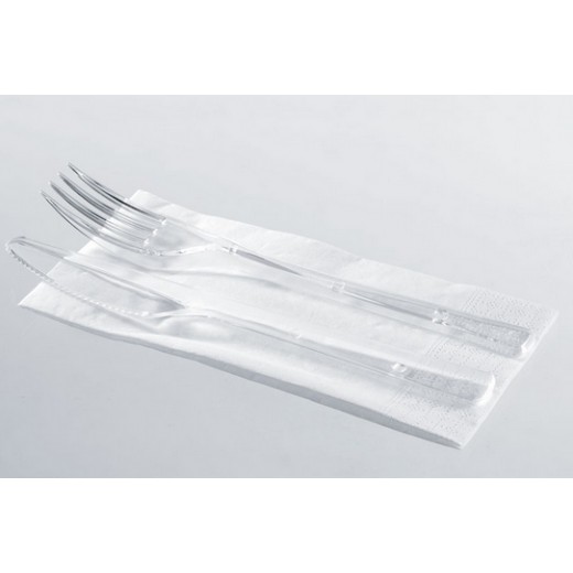 ARI997710 -- 000 (7316) Bis Posate Trasparenti+Tovagliolo 1 velo 100 pezzi Riutilizzabili - immagine 1